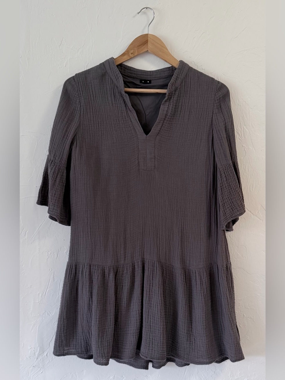 MONROW 100% Cotton Gauze Bell Sleeve Ruffle Mini Dress Gray XS